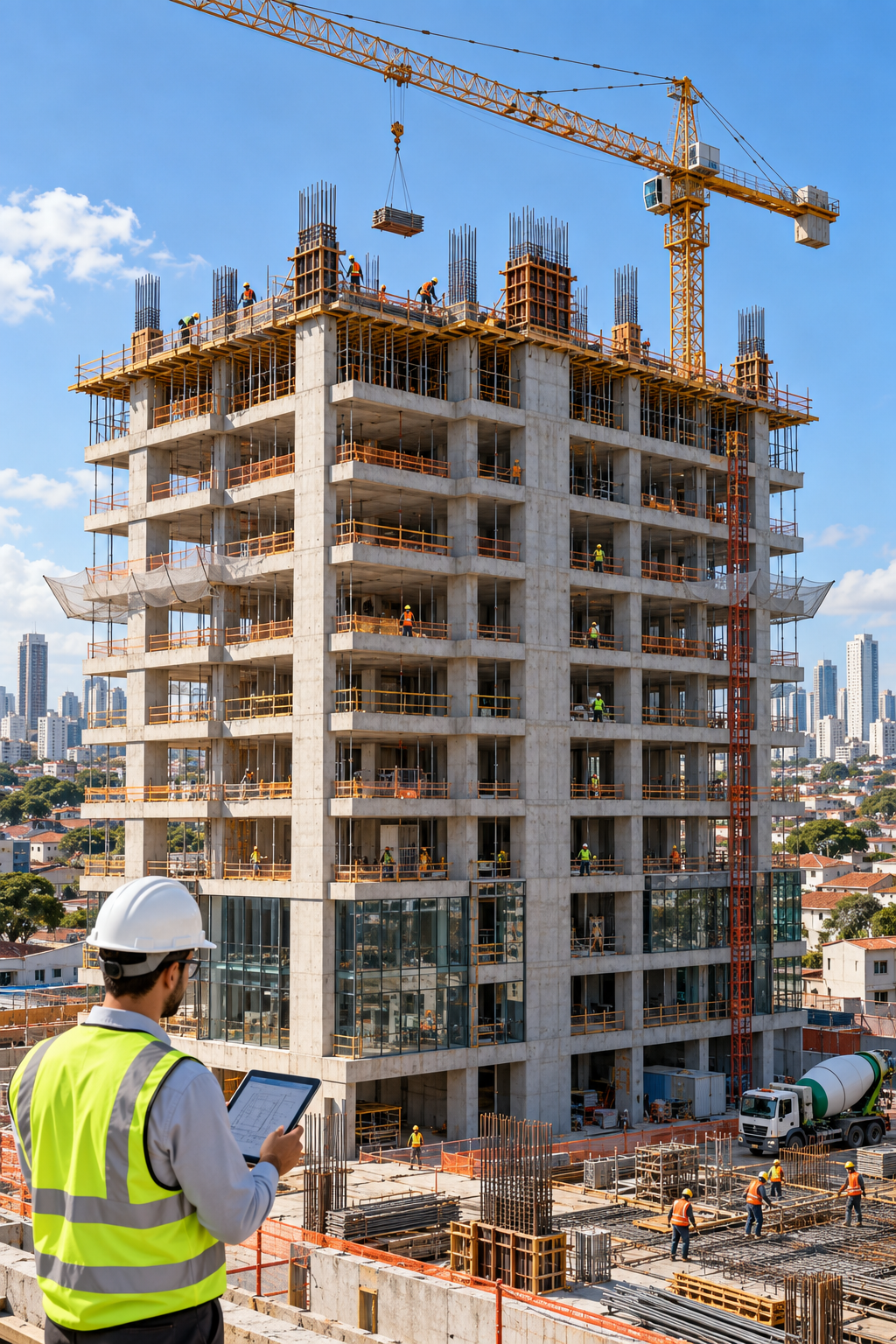 Visualização virtual de uma edificação em construção com estrutura de concreto, grua e equipe técnica