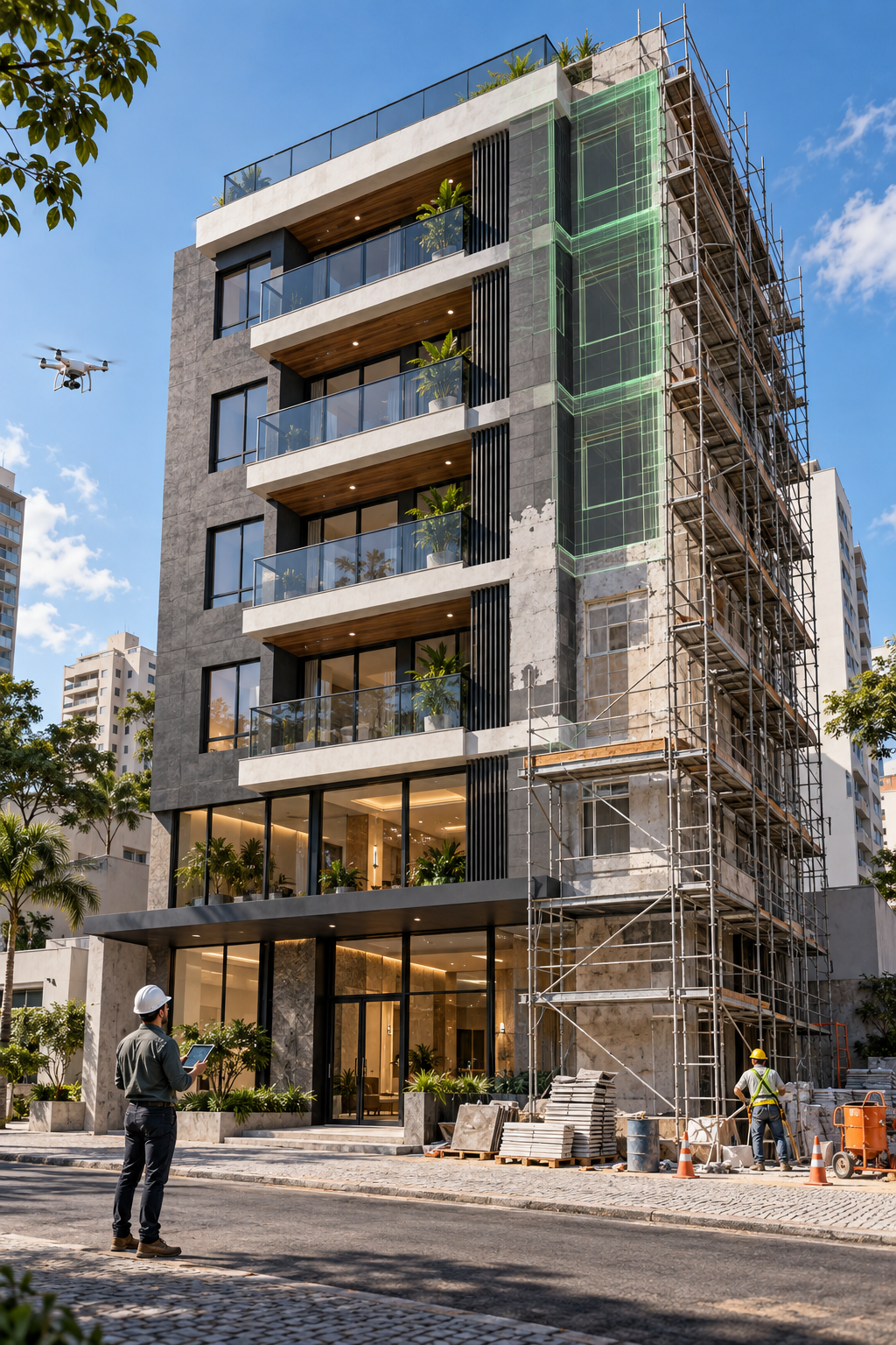 Visualização virtual de uma fachada em reforma com andaimes e elementos de modelagem digital
