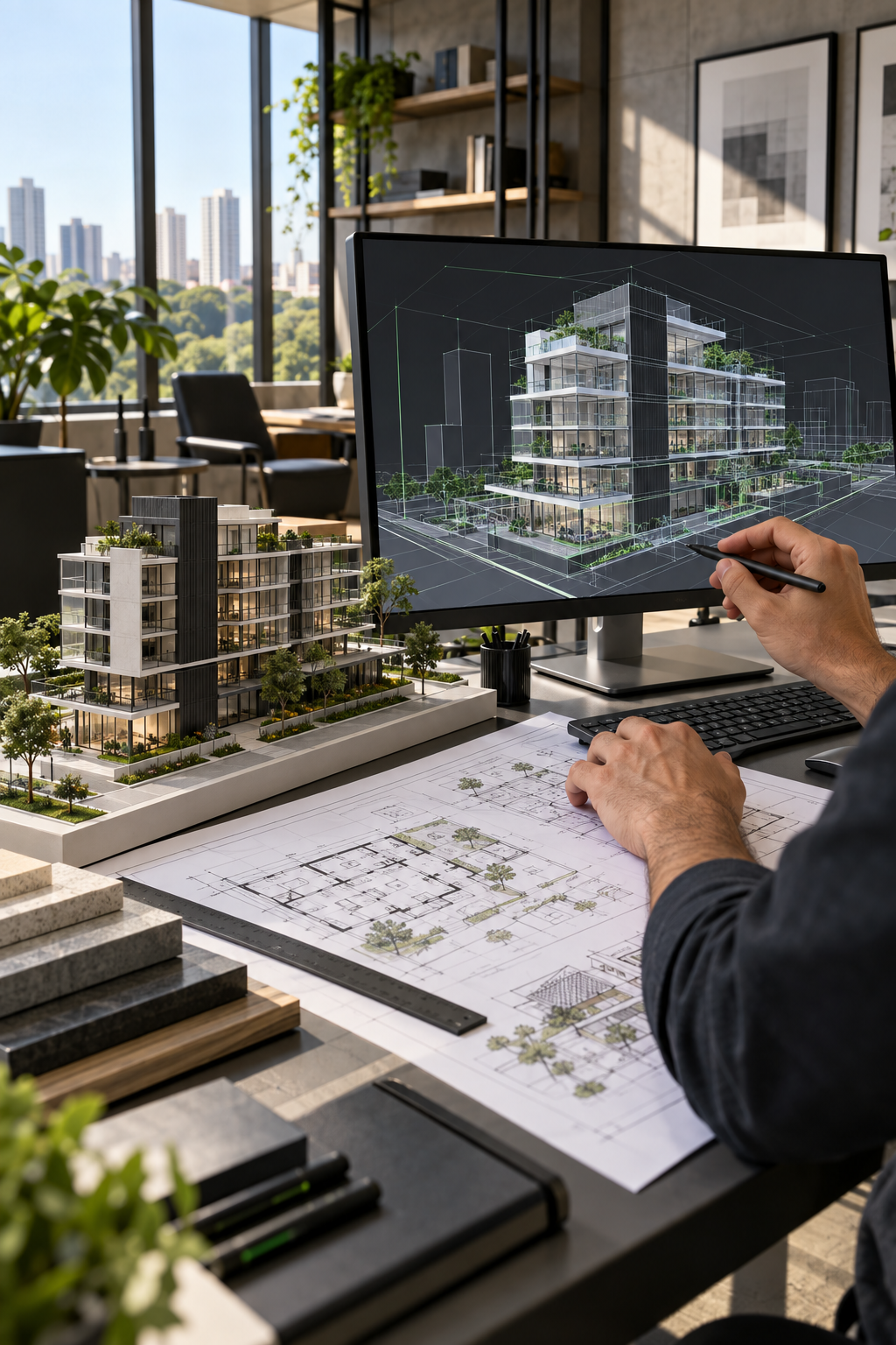 Visualização virtual de um projeto de engenharia com maquete arquitetônica, plantas e modelagem BIM
